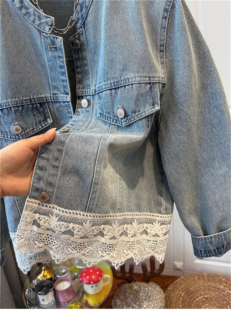2022 Frühjahr neue Rundhalsausschnitt Saum Nähte Spitze Denim Mantel Bluse verlieren lässige oben