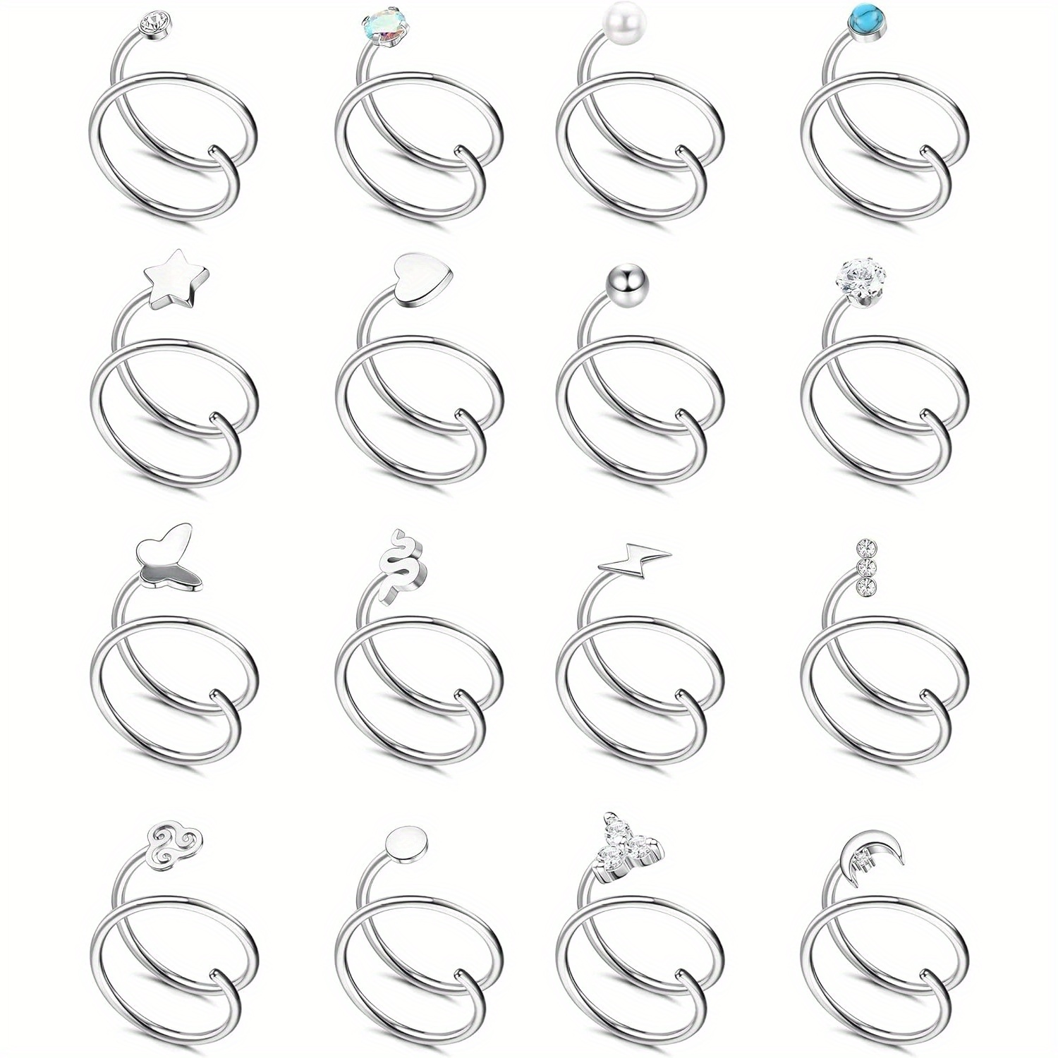 Drperfect 20G Acero inoxidable doble nariz aro espiral Luna estrella mariposa serpiente pendientes de aro retorcidos para mujer