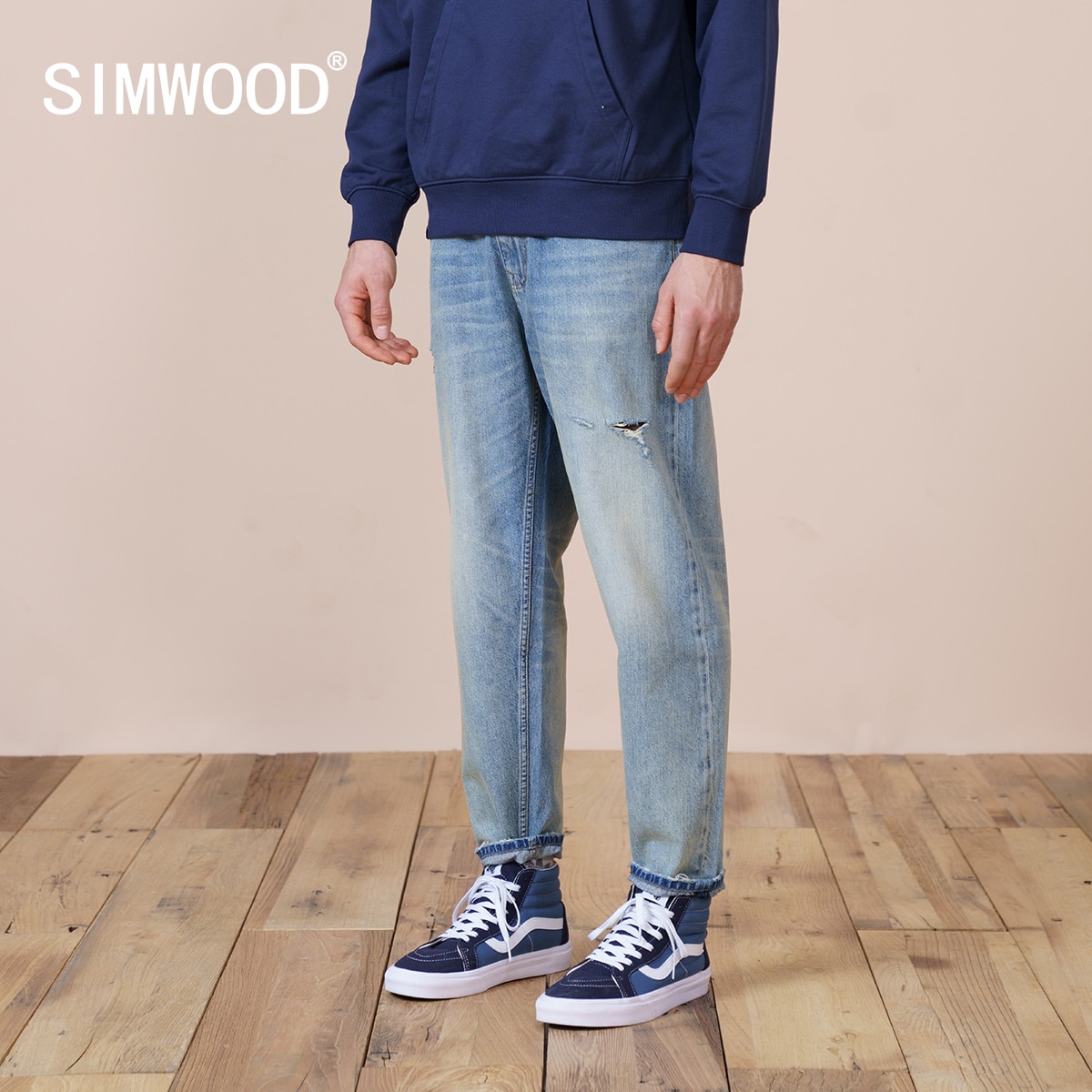 SIMWOOD 2022 Men Spring Summer Vintage Ripped Loose Straight Tapered Jeans Oversize Hole Ankle-length Denim Pants SK120194