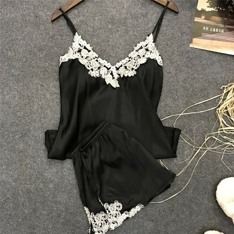 Ladies Sexy Silk Satin Pajama Set Lace Pajama Set Sleeveless Pajama Set V-neck Sleepwear Summer Home Wear Sleep Wear For Women