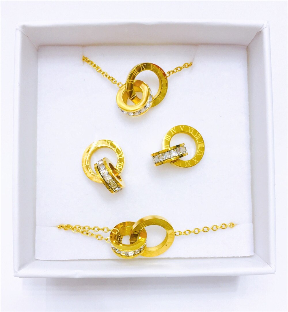 316L Rvs Romeinse Ingelegde Kristallen Lucky Ketting Oorbellen Armband Set Dubbele Ring Ingelegd Zirkoon Sieraden Set: Full Set