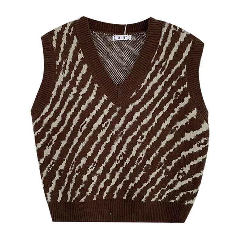 Impressão da zebra do vintage camisola de malha colete feminino faculdade meninas moda sem mangas com decote em v casual regata 2020 outono novo design