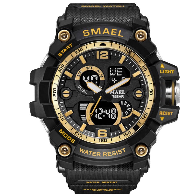 SMAEL Luxe Dual Display Horloges Mannen Sport multifunctionele Waterdichte LED Elektronische Digitale Horloge Alarm Week Datum Relogio: Gold 