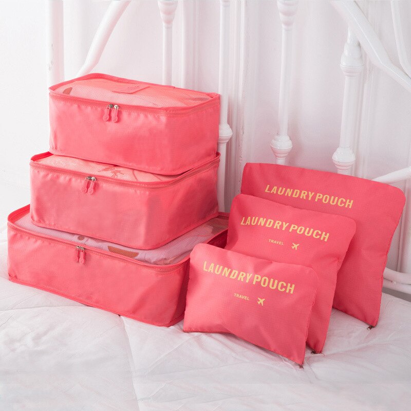 6 stk rejse opbevaringspose sæt til tøj ryddeligt arrangør garderobe kuffert pose rejse arrangør taske taske sko pakning terning taske: Vandmelon rød