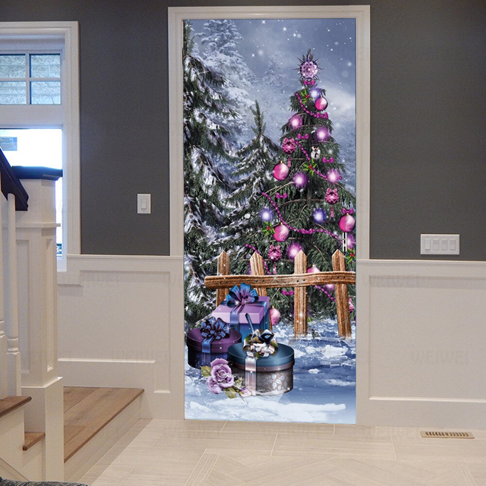 Etiqueta engomada colorida de la puerta del árbol de Navidad, decoración 3D de la habitación del hogar, Mural impermeable de Pvc, sala de estar Calcomanía para, póster adhesivo 3D Diy