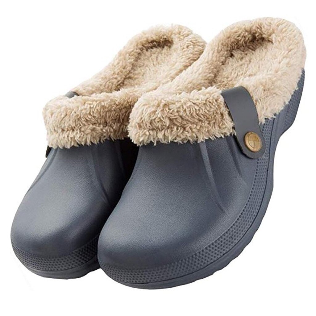 Unisex Warm Lined Slippers Home Waterproof Indoor Outdoor Garden Shoes Non-slip Floor Home Slippers Indoor Bedroom House Shoes