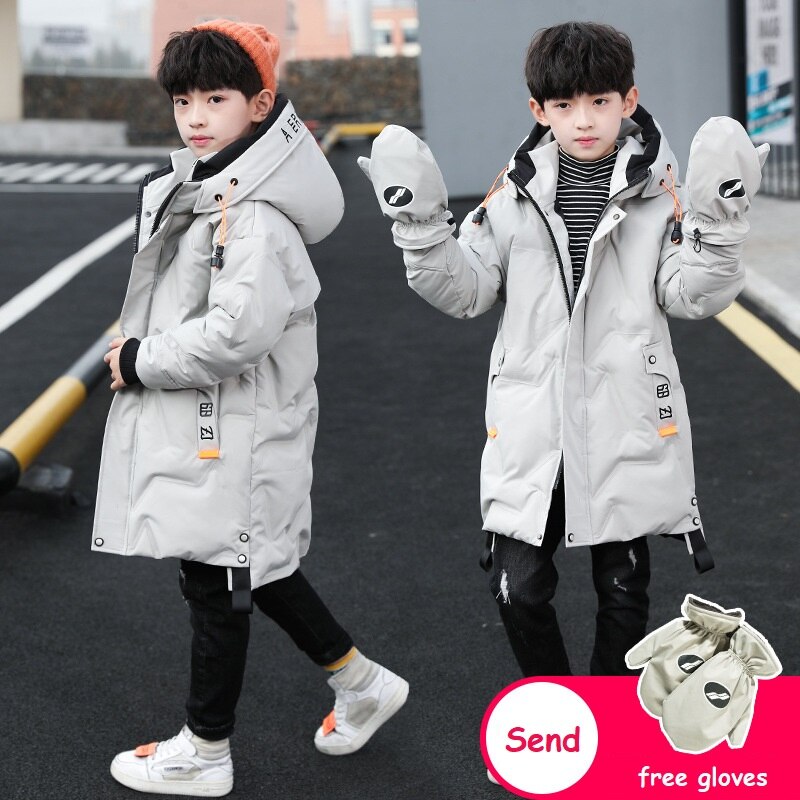 Jungen Winter Mäntel freundlicher knapp Mittel-Lange Starke Warme Hoodie Jacke Winddicht Kleidung Freies Handschuhe Art Mantel