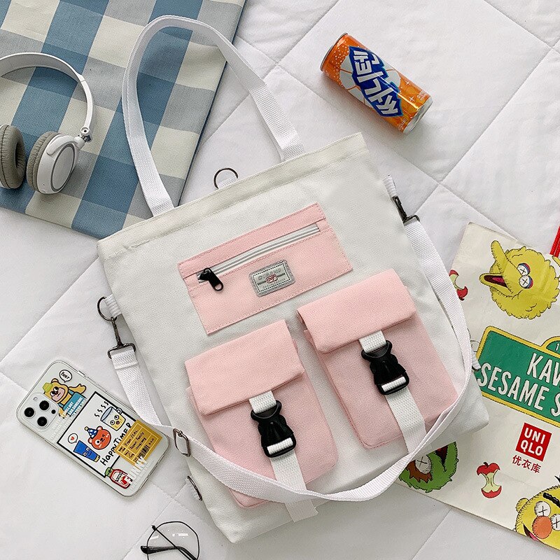 Student Backpack Book Bag Large-capacity Canvas School Class Female Bag Girls Canvas Shoulder Messenger Crossbody Bag: white