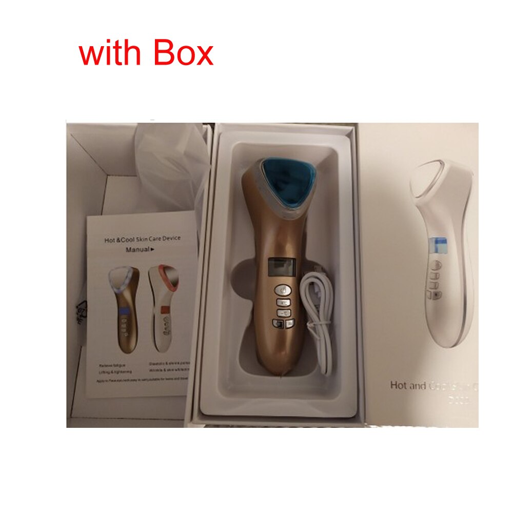 LED Light Beauty Devices Cold Hammer Skin Rejuvenation Ultrasonic Vibration Massager Face Lifting Tool Machine Cryotherapy: deep gold with box