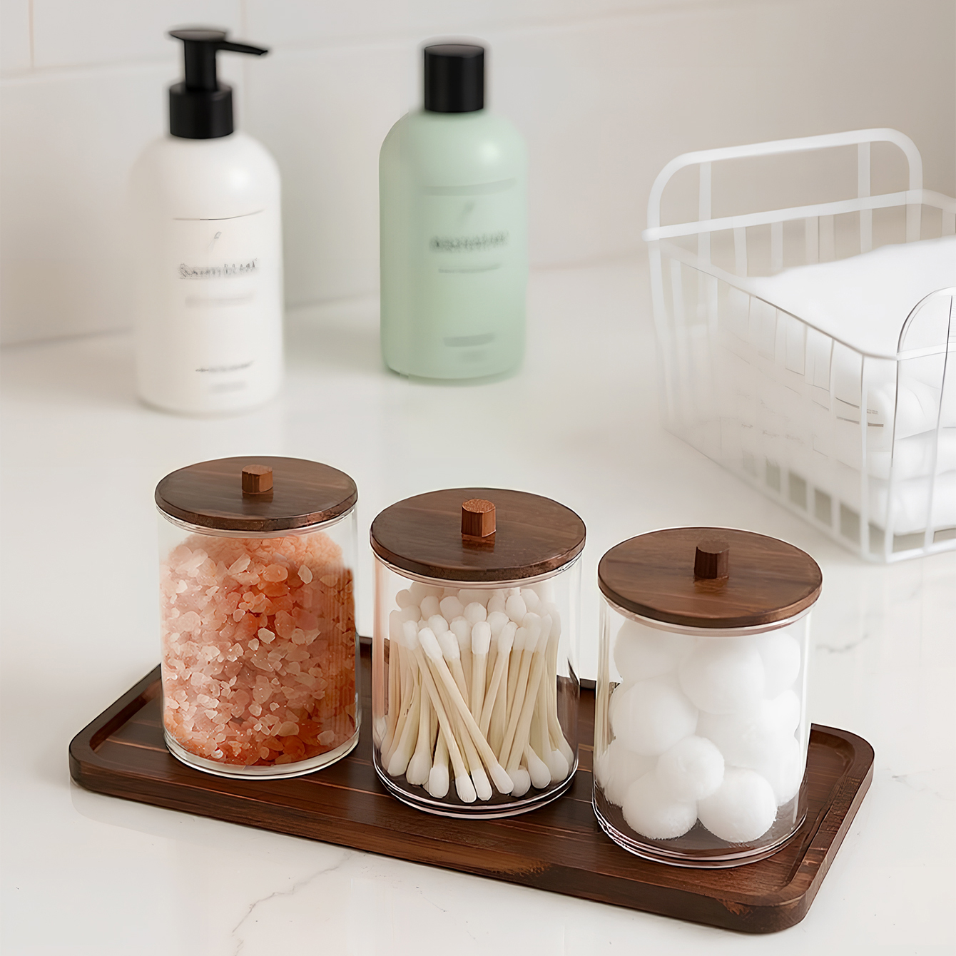 Badkamer Organizer Accessoires Set Qtip Houder Opslag met Doorzichtige Plastic Deksels, Katoenen Bal/Swabs Dispenser, Organizer Pot