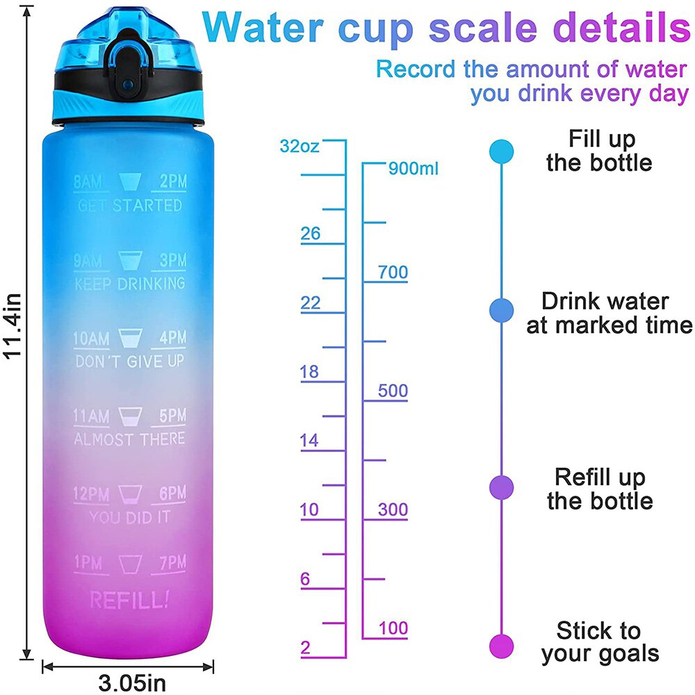 Botella de agua deportiva de 1l, frasco de bebida motivacional con marcas de tiempo, libre de BPA, para deportes, gimnasio, al aire libre, sello a prueba de fugas