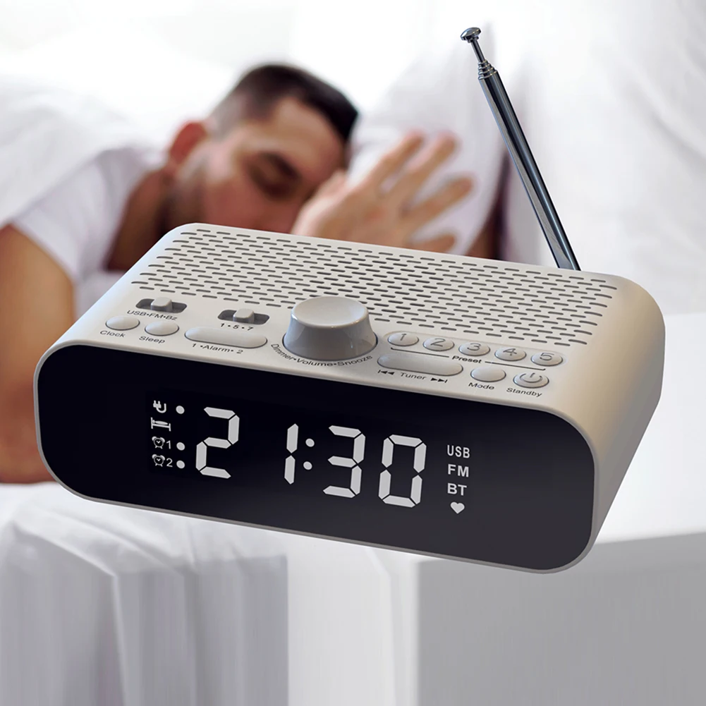 Modern Rechargeable Digital Alarm Clock Radio with Adjustable LED Display BT5.0 Dual Alarm Features and FM Reception for Home