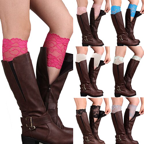 Women Girls Stretch Flower Lace Trim Boot Cuffs Leg Warmers Top Socks