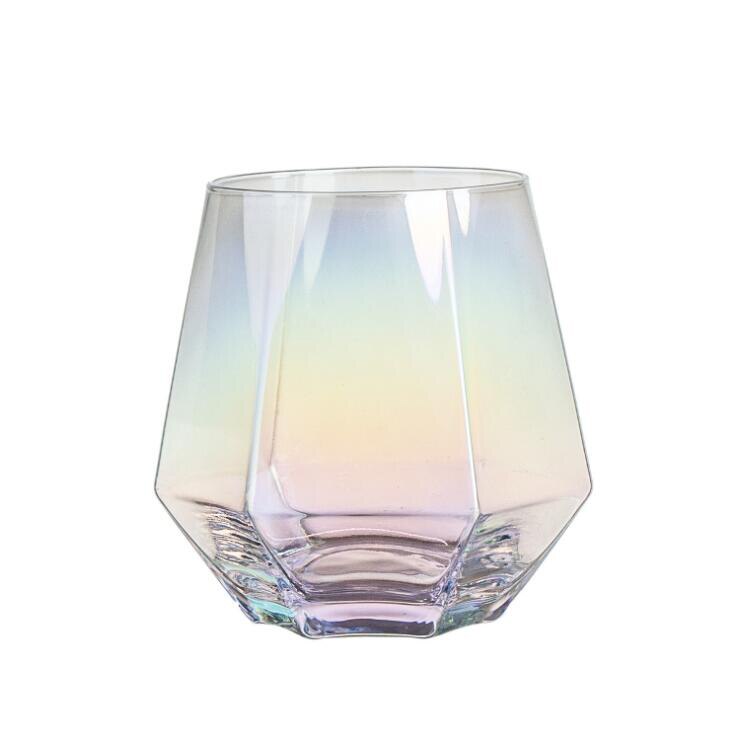 Taza de agua con forma de diamante transparente, taza de cristal con borde dorado, para beber en el hogar, polígono, mate, para leche, vino, estilo Elagant: Colorful Light