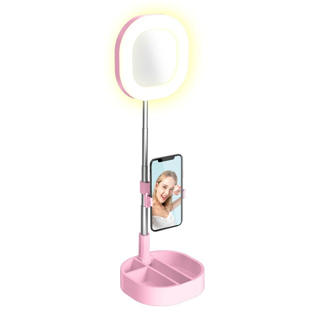 Dimmbare LED Ringlicht - Tragbare Selfie Lampe mit Spiegel & Handyhalterung - USB - 3 Farben, 5 Stufen: Rosa
