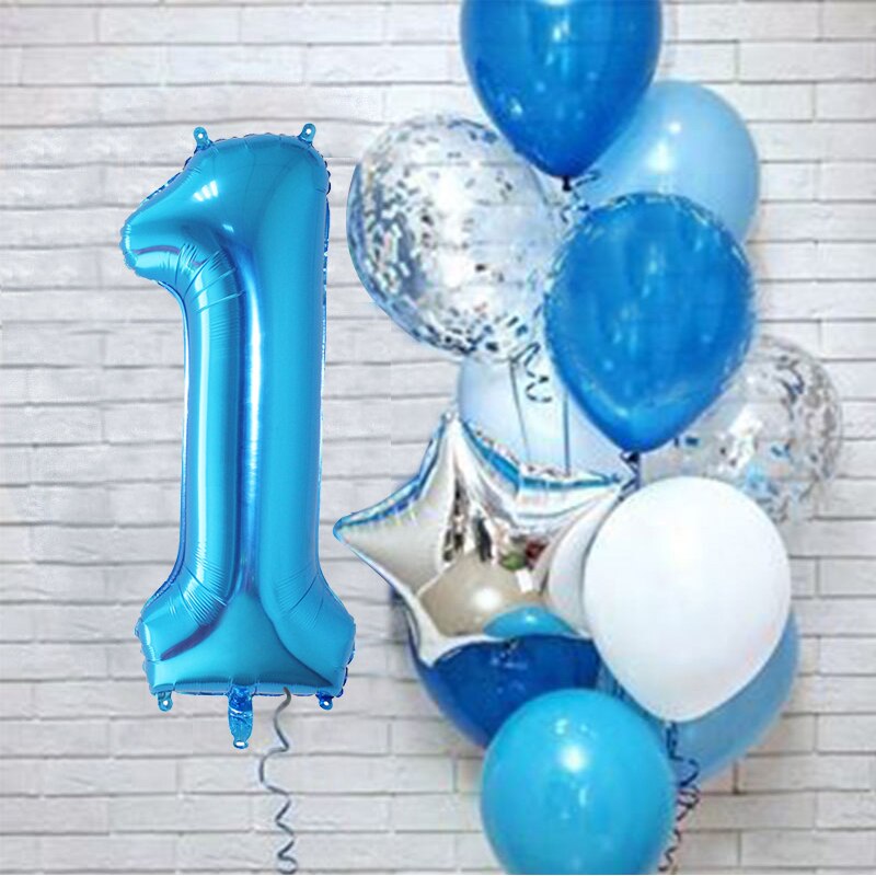 PartyLab 12Pcs/set Number Foil Latex Blue Balloons for Kids Birthday Decoration 1st One Year Birthday Boy Decor Baby Balloon: Number1 set