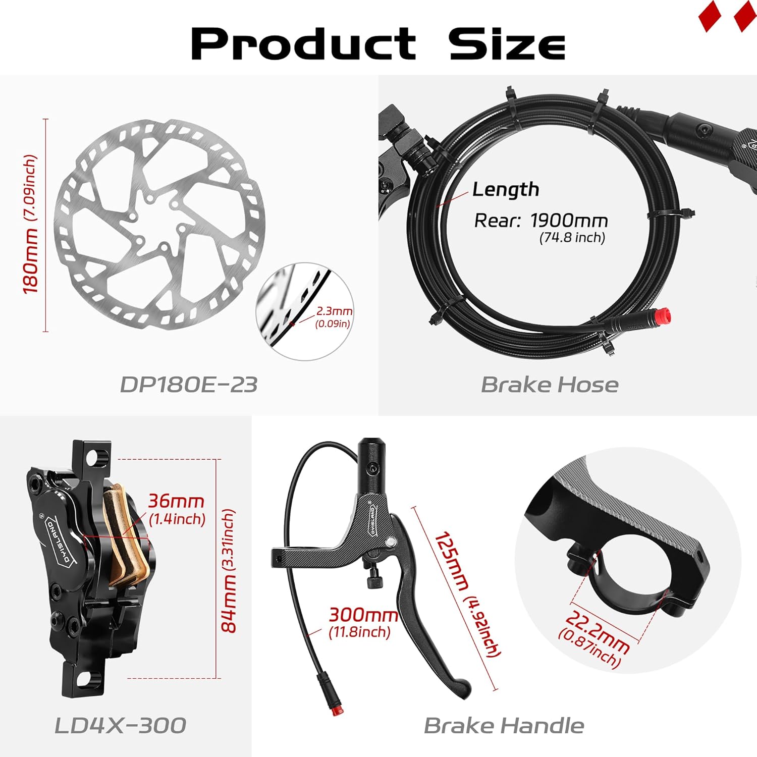 DYISLAND 4-Kolben-E-Bike, hydraulische Scheibenbremse, rechts hinten, Einzelsatz oder links vorne, Einzelsatz mit 180 mm 2,3 mm Rotor
