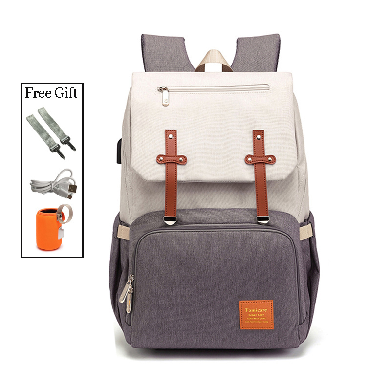 Sac à dos à couches pour bébé, sac de poussette pour maman papa, sac à main Oxford étanche, Kits de couches d'allaitement, sacs de maternité, support chauffant USB,: Beige