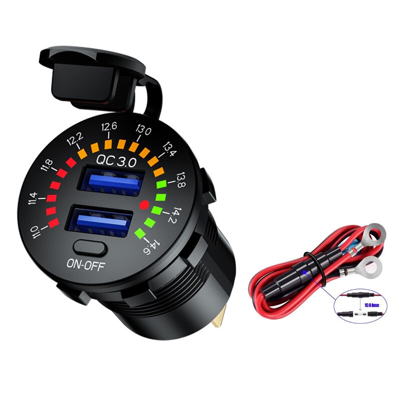 12V 24V QC 3,0 Dual USB Auto Ladegerät Wasserdicht 18W USB Auslauf Schnelle Ladung mit LED Voltmeter AUF aus Schalter für Lkw Motorrad: Schwarz-Linie-Standard
