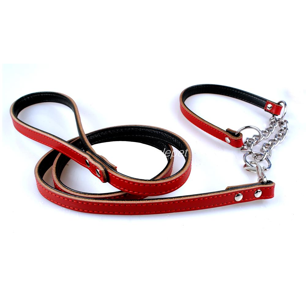 Lederen Hond Wandelen Leash & Half Chain Choke Pet Training Kraag Set: Rood / S