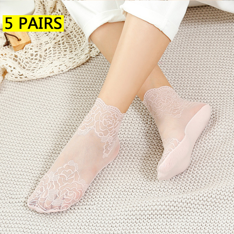 calcetines mujer calcetines tobilleros mujer calcetines invisibles mujer verano Lolita-Calcetines invisibles de encaje para mujer, medias finas, transparentes, antideslizantes y poco profundas, lote de 5 pares: Azul