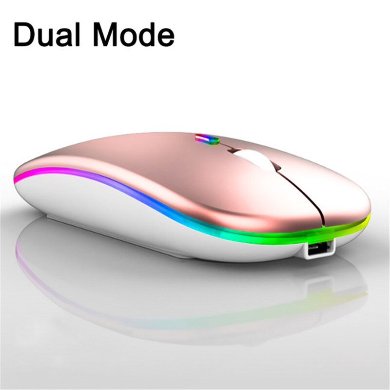 Trådløs mus super lydløs dual mode bluetooth 5.1 + 2.4gh genopladelig 1600 dpi ergonomisk spil til computer pc bærbar computer: Rose guld