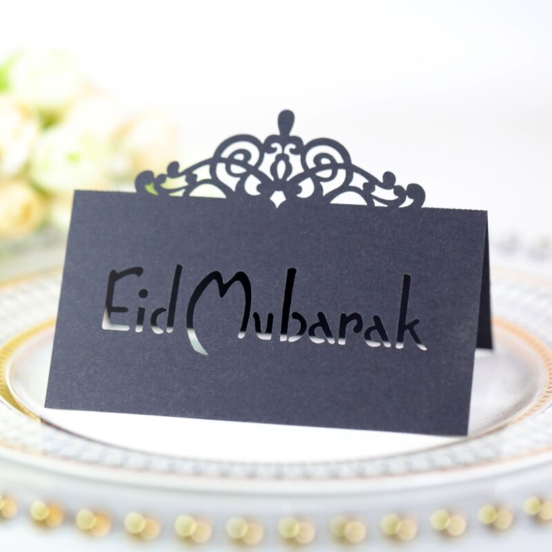 100Pcs 3D Bloemen Kroon Eid Mubarak Tafel Card Ramadan Kareem Holle Letters Papier Placecard Moslim Party Decoratie