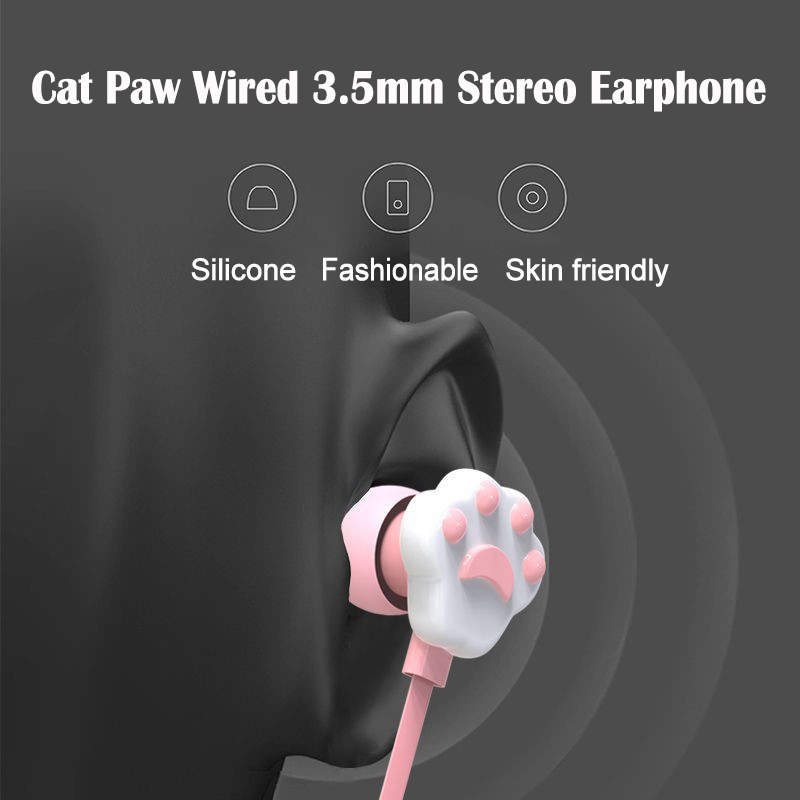 Cat Paw Earbuds Stereo 3.5mm In-Ear Headphones with Mic Earpiece Sports Wired Headset for Smartphone MP3 iPad PC Music