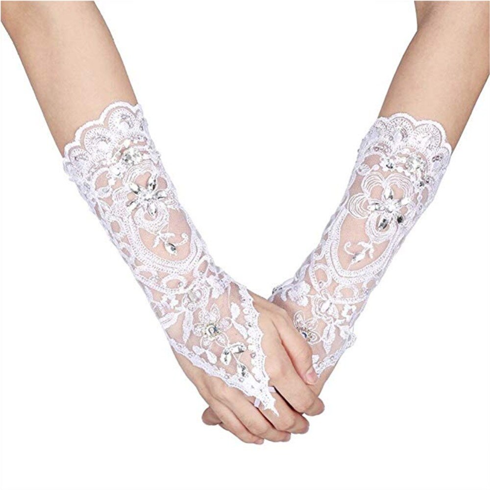 Gants de mariée courts en dentelle ivoire, sans doigts, strass blancs, paillettes, bon marché, accessoires de mariage, tendance