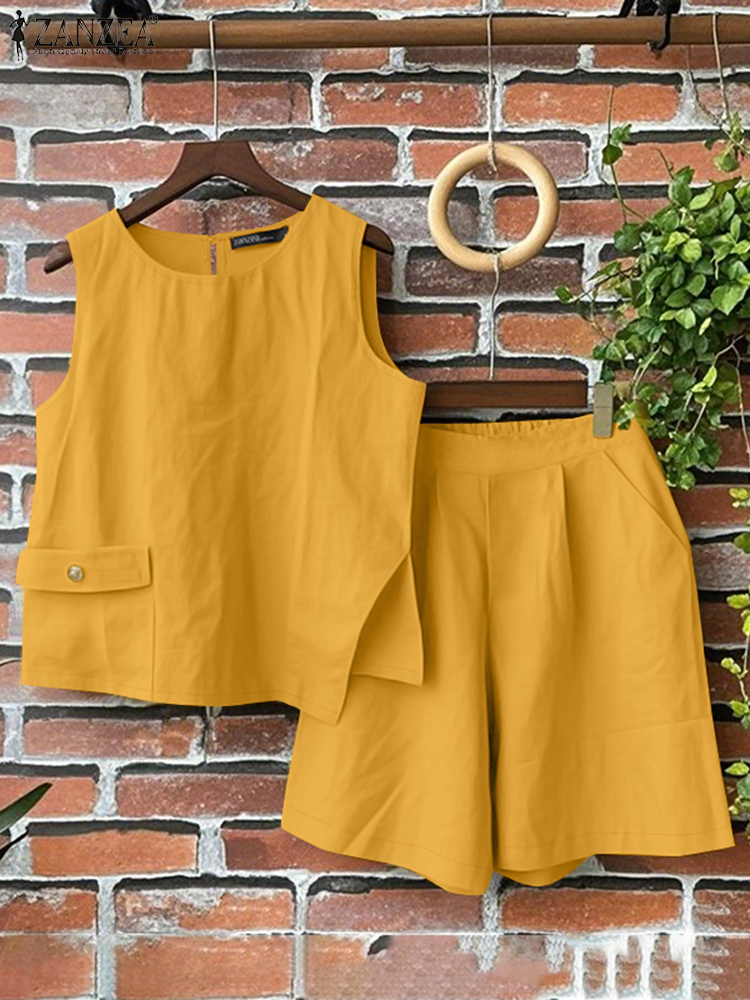 Zanzea sommar 2 st outfits ärmlös oregelbunden blus korta set casual enfärgade träningsoveraller kvinnor lösa matchande set: S / Gul