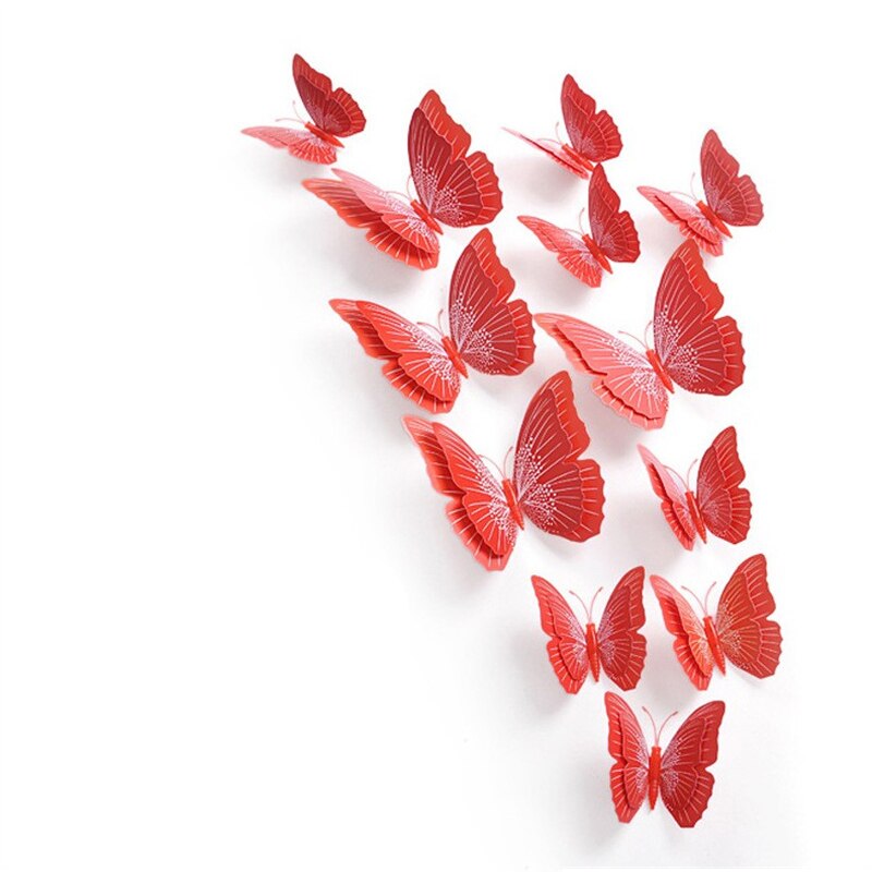 Autocollant mural papillon 3D Double couche, 12 pièces, pour la décoration de la maison, aimant pour réfrigérateur, colle gratuite: Red B