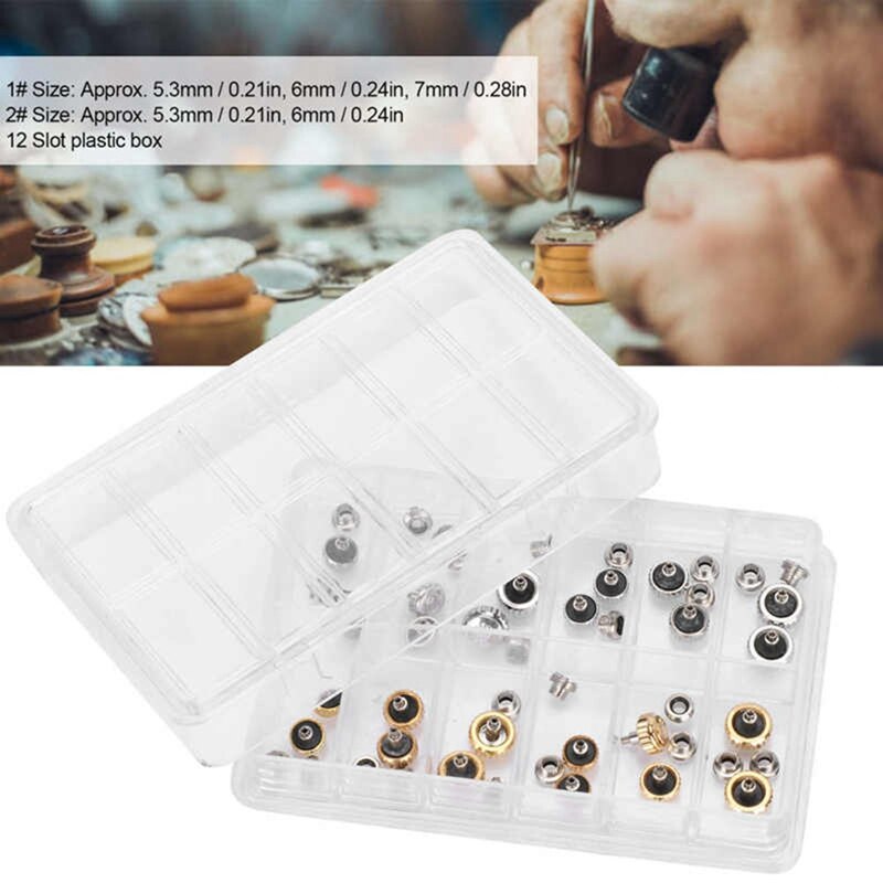 Uclio 24Pcs Copper Watch Crown Parts Watch Head With 24 Screw Replacement Parts Gold Silver Watch Repair Accessories 5.3/6/7Mm