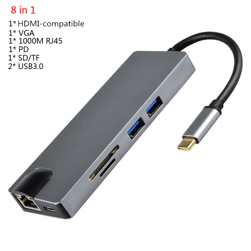 Hub USB C convertisseur Type C vers HDMI, 4K VGA RJ45 multi-usb 3.0 PD, Station d'accueil pour MacBook Pro: 8 in 1