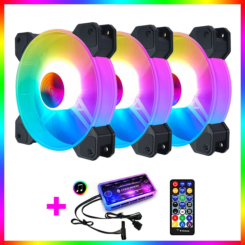 COOLMOON RGB Fan Lighting Music Controller Chassis Desktop Computer Case Fan Controller RF Remote Control: 3 fan Music