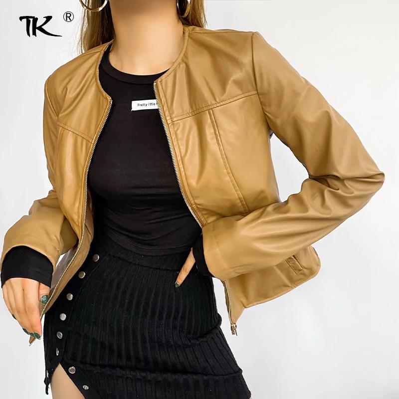 Chaqueta de retales de Pu para mujer, abrigo de manga larga con cuello redondo y cremallera, chaqueta ajustada lisa, informal,