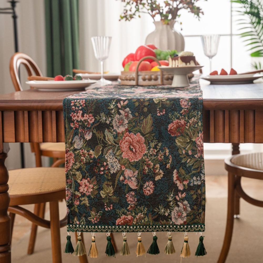 Heminredning vintage jacquard bordslöpare blommönster med tofsduk förtjockad bordsduk middagsfest: Ljusgrå