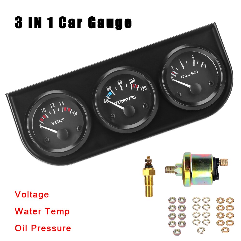 Manomètre universel pour tableau de bord de voiture, 2 &quot;, 52mm, 3 en 1, 12V, avec capteur de température d&#39;huile + température d&#39;eau + Volt, Kit Triple