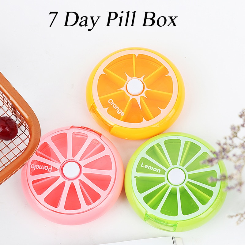 Rund sundhedspleje medicin pilleæske frugt formet sort vitamin 7 dages ugeholder tablet opbevaring etui beholder etuier rejse antal