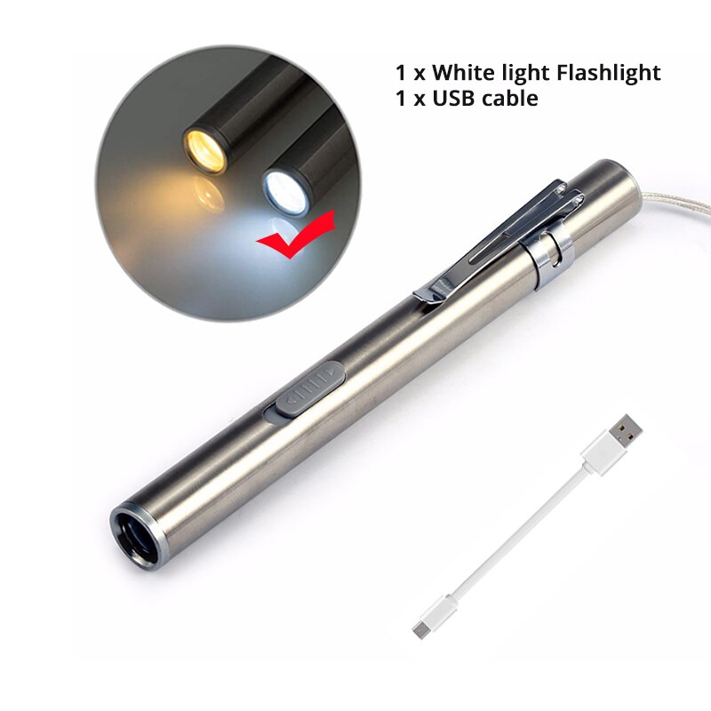 Oplaadbare LED Zaklamp Pen light MINI Torch Koel wit + warm wit licht Met usb-oplaadkabel Gebruikt voor camping, artsen: Cold White
