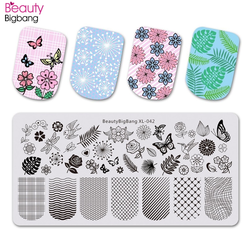 Beautybigbang Nail Art Stamping Plate Stainless Steel 12cm Butterfly Flower Plaid Bird Image Nail Stamping Template Mold XL-042
