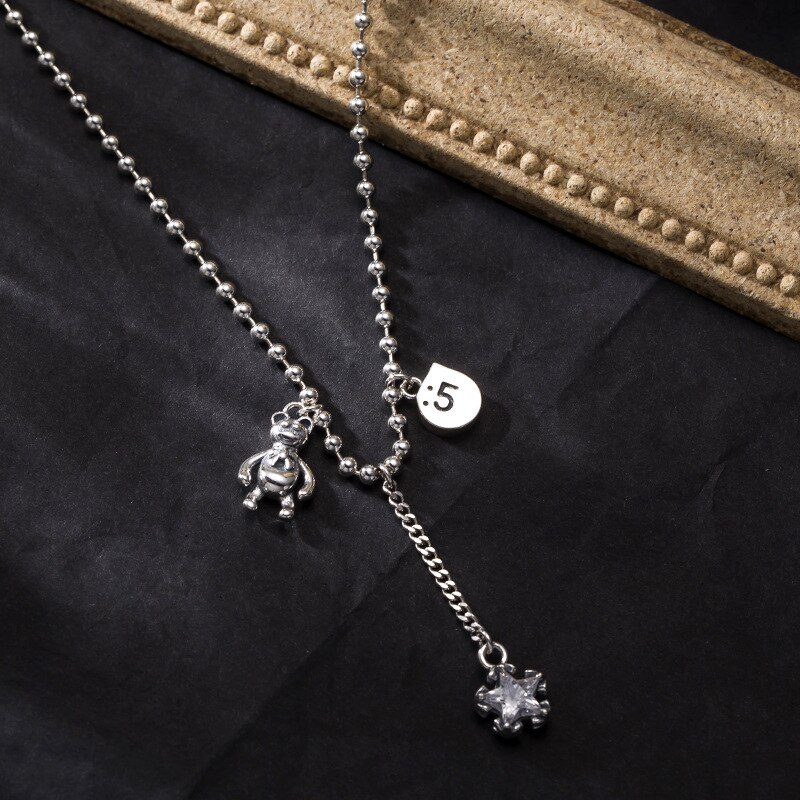 ANENJERY Retro Cute Bear Star Pendant Thai Silver Color Necklace With Long Chain Tassel Zircon Necklace for Women S-N648