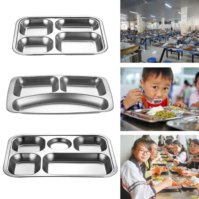 Rustfrit stål delt middagsbakke frokostbeholder madplade til skolekantine 3/4/5 sektion
