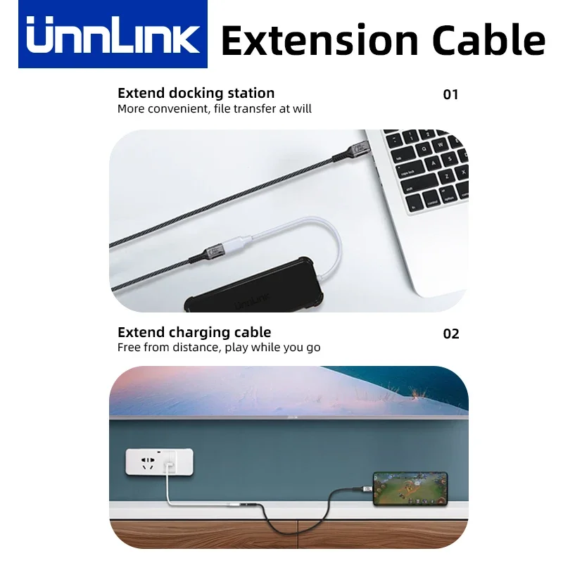 Unnlink USB C Verlengkabel Type C Extender Compatibel met Thunderbolt 4/3 USB4.0/3.2/3.1 Snel opladen voor MacBook 8K 4K