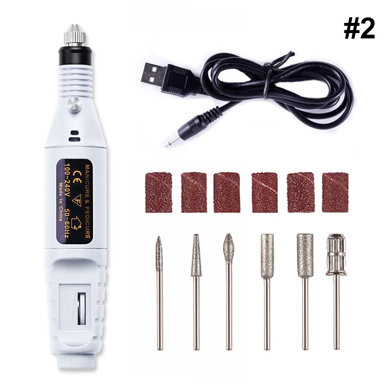 Máquina de clavos eléctrica con carga USB de 5 tamaños de 20000 RPM, taladros para quitar esmalte, pedicura, 6 uds, archivo enarenado de uñas, bandas para arte de uñas: White