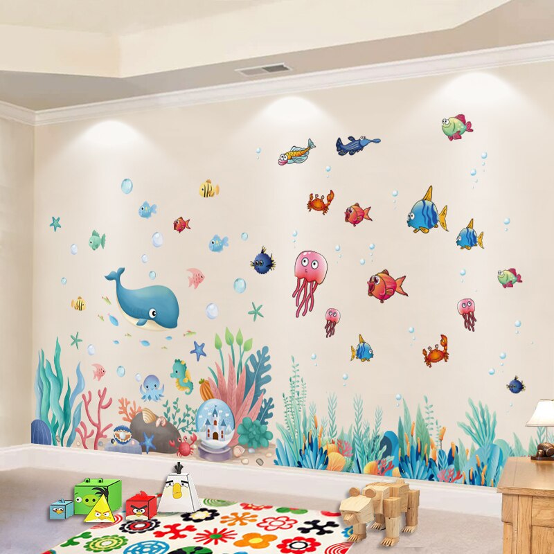 Submarine Coral Clusters Plants Wall Sticker DIY Whale Fish Wall Decals for Kids Room Baby Bedroom Bathroom House Decoration: fish and seagrass