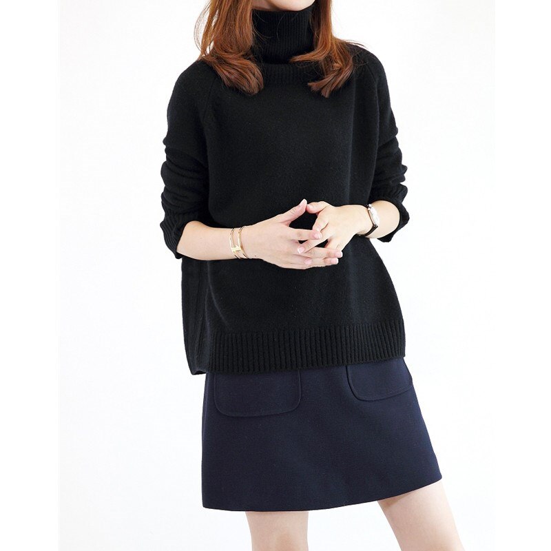 Winter Cashmere Wool Women Warm Solid Sweaters Casual Full Sleeve Turtleneck Loose Pullovers Computer Knitt: Black / s