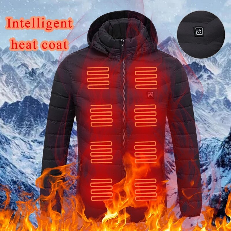 Heren winter warme usb-verwarmingsjassen jassen slimme thermostaat effen capuchon verwarmde parka's waterdichte warme buitenjassen: Zwart / Ik