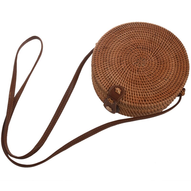 Bolsos bohemios Bali de ratán para mujer, pequeños bolsos de playa circulares, bolso de paja Vintage de verano, bolso de mensajero hecho a mano (18x8Cm)
