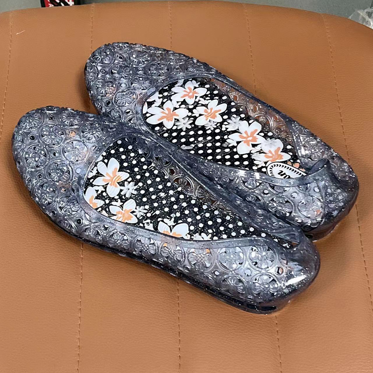 Sandalias De Mujer, Sandalias planas con lentejuelas para Mujer, zapatos De gelatina para playa para Mujer, Sandalias planas transparentes: Castaño / 38