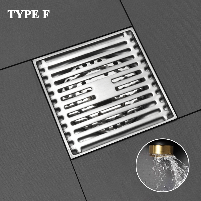 Desagüe de suelo de acero inoxidable SUS304 para cocina y baño, rejillas cuadradas duraderas para residuos, desagües de ducha de baño, 10x10 CM: Type F